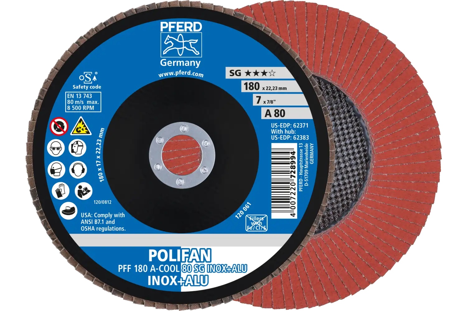 Picture of Pferd Flap Disc, 7" x 7/8, A-Cool SG Inox+ALU, 80 Grit, T27, Flat, Aluminum oxide